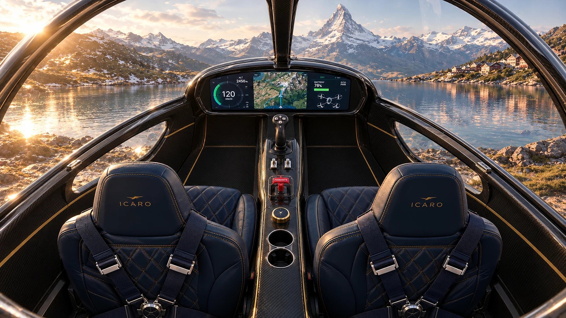 ICARO — the cabin seen from above: two seats, carbon console, one display